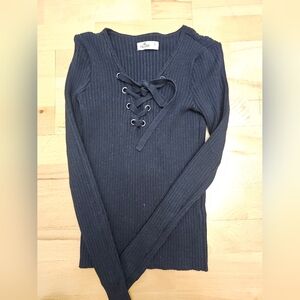 Black Ribbed Lace-Up Sweater